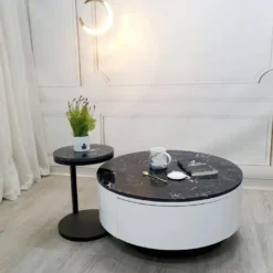 Bàn trà tròn trắng kèm bàn phụ mặt đen tại showroom bàn trà ở Đà Nẵng