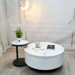Mẫu Bàn trà tròn trắng kèm bàn phụ nhỏ gợi ý cho không gian phòng khách gọn đẹp