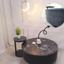 Thiết kế Bàn trà tròn vân đá nâu kèm bàn con nhìn trực diện, dễ so sánh với các mẫu cùng nhóm