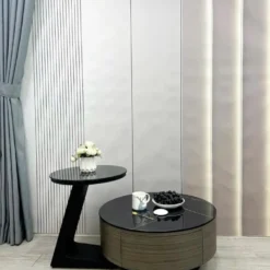 Bàn trà tròn xám kèm bàn phụ chân tam giác phong cách hiện đại, hợp căn hộ và nhà phố