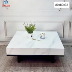Bàn trà vuông đá trắng chân thấp trong phối cảnh phòng khách hiện đại