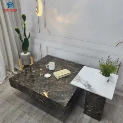 Bàn trà vuông đá xám kèm bàn hộp phụ tại showroom bàn trà ở Thịnh Phát Đà Nẵng
