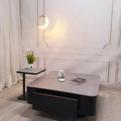 Ảnh chi tiết Bàn trà vuông đen kèm bàn con nhỏ cho khách xem dáng bàn và mặt bàn tại Nội thất Thịnh Phát Đà Nẵng