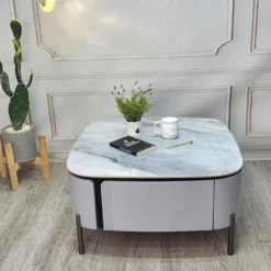 Mẫu Bàn trà vuông trắng bo góc chân cao gợi ý cho không gian phòng khách gọn đẹp