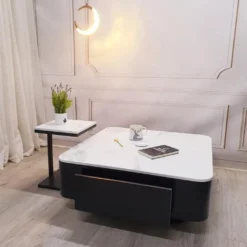 Bàn trà vuông trắng kèm bàn con chân đơn tại showroom bàn trà ở Nội Thất Đà Nẵng