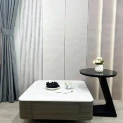 Mẫu Bàn trà vuông trắng xám kèm bàn phụ đứng gợi ý cho không gian phòng khách gọn đẹp