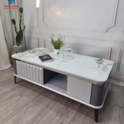 Bàn sofa xám hộc trơn kèm khoang mở đặt cạnh sofa, phù hợp tham khảo trước khi chọn mua