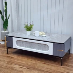Thiết kế Bàn sofa xám một ngăn kéo ô lưới chân cao nhìn trực diện, dễ so sánh với các mẫu cùng nhóm