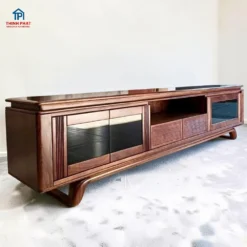 Kệ tivi gỗ Mun chân thuyền cánh kính ảnh góc trái tinh tế và hiện đại tại Nội thất Thịnh Phát