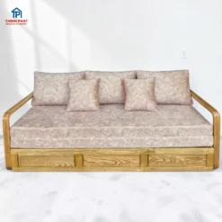 Sofa bed thông minh gỗ Sồi ảnh trực diện có đệm sang trọng cho không gian phòng khách