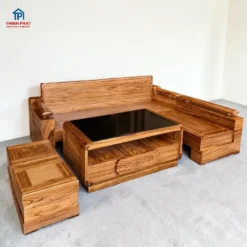 Sofa góc gỗ Hương Xám chân hộp tựa cong góc nghiêng phải mẫu mới 2026 tại Thịnh Phát Đà Nẵng