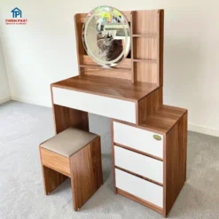 Bàn trang điểm gỗ MDF gương led tròn nhiều thoạ mẫu mới góc nghiêng phải tại Đà Nẵng